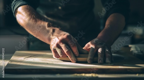 Close up of male hands using sandpaper on a piece of wood : Generative AI photo