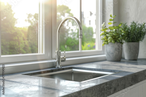 modern kitchen sink with stainless steel faucet and grey concrete countertop near window photo