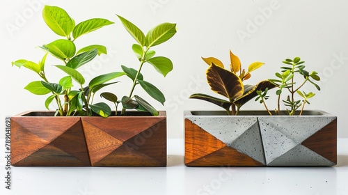 Indoor potted plants in stylish geometric planters on white background