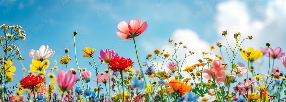 Colorful wildflowers against a clear blue sky