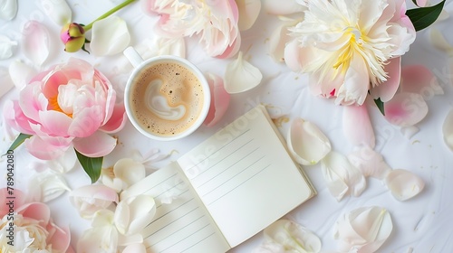 Wedding background mockup Flat lay Coffee with notebook and peony flower : Generative AI