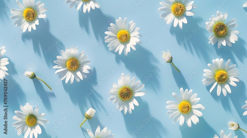 Daisy pattern Flat lay spring and summer chamomile flowers on a blue background Repetition concept Top view : Generative AI