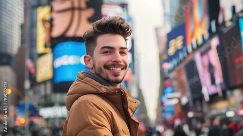 Portrait of a Happy Handsome Young Man in Casual Clothes Posing on the Street Successful Male Model in Big City Living the Urban Lifestyle Background with Office Buildings and Billboar : Generative AI photo