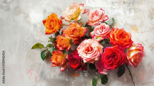 A cluster of vibrant roses set against a backdrop of white and gray