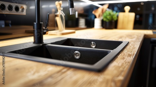 Closeup on wooden kitchen countertop with black sink and tap and decorations   Generative AI