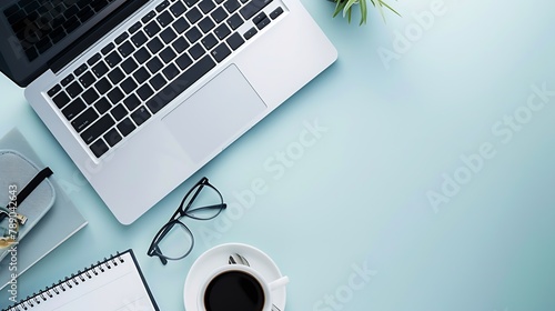 Minimal work space Creative flat lay photo of workspace desk Top view office desk with laptop notebooks and coffee cup on blue color background Panoramic banner background with copy s : Generative AI