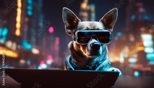 Futuristic laptop wearing dog work city time night glasses cyberpunk background virtual reality three-dimensional realistic white doggy pet sunglasses fantasy closeup goggles photo