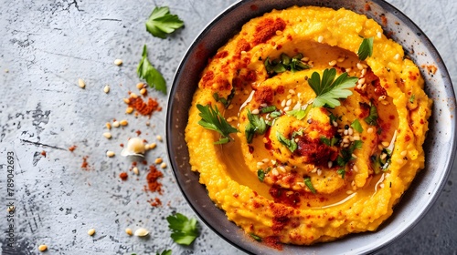 Sweet potato hummus gray bowl. photo