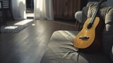 Minimalistic interior design concept Acoustic guitar on grey textile sofa in spacious room of loft style apartment with wood textured laminated flooring Background copy space close up : Generative AI