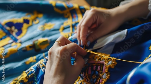 A woman embroiders the national symbols of Ukraine with a cross Closeup of female hands crossstitching on white canvas : Generative AI photo