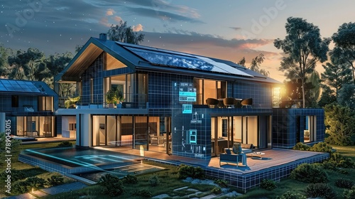 Illustration of a smart home with digital interface and solar panels at dusk.