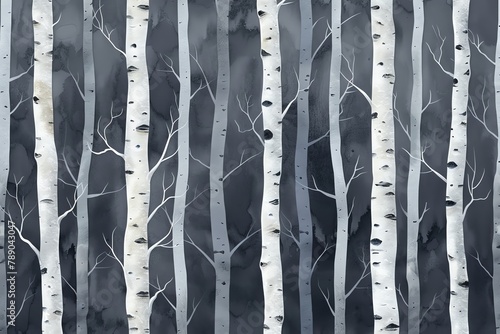 Birch Tree  Silver birch trees with a contrasting dark grey background water color, cartoon, hand drawing, animation 3D, vibrant, minimalist style