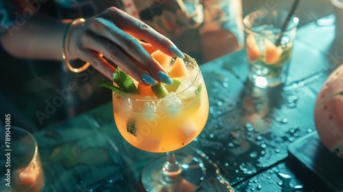 Woman preparing melon margarita cocktail with mint in glass on dark green ceramic tile background close up Summer autumn drinks and alcoholic cocktails Alcoholic cocktail or detox drin : Generative AI photo