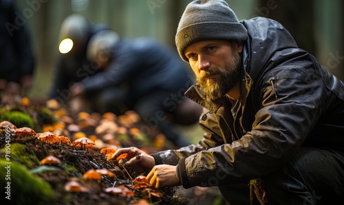 Man With Beard Picking Mushrooms From the Ground © Alina