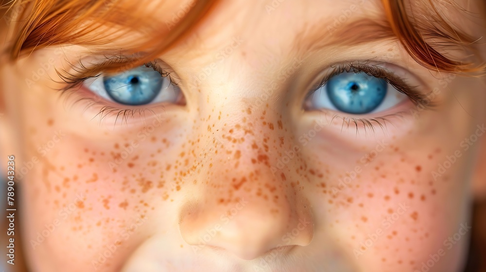 Closeup photo Body part Young happy and joyful face in freckles blue eyes of a child teenager looking at the camera : Generative AI Closeup photo Body part Young happy and joyful face in freckles blue eyes of a child teenager looking at the camera : Generative AI