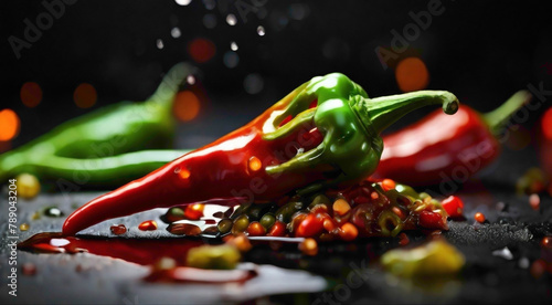 red chillier with sauce and seed placed onto he gradient background with abstract green chilly with the combination with the red pepper abstract food background 