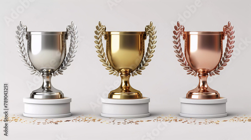 A minimalist gold, silver, and bronze trophy with a white background, golden glitter, Olympic spirit, champion, runner up, and third place