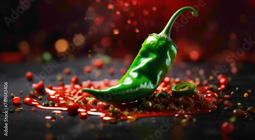 red chillier with sauce and seed placed onto he gradient background with abstract green chilly with the combination with the red pepper abstract food background  photo