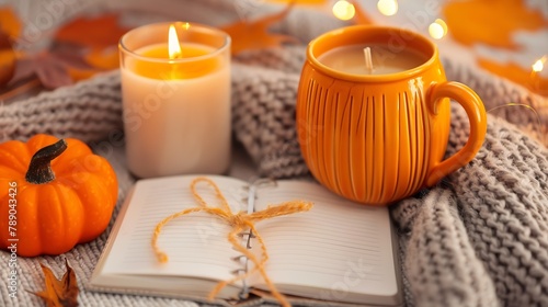 Concept of creating comfort in fall Attributes of autumn time of spending hot tea in pumpkinshaped mug warm knitted sweater candles notebook for recording plans Flat lay top view copy : Generative AI