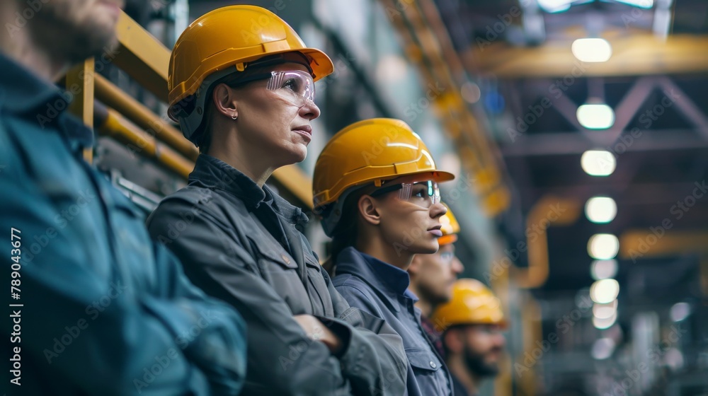 A group of engineers standing in a factory. They are all wearing hard hats and safety glasses. The engineers are discussing a maintenance plan for the factory equipment. A group of engineers standing in a factory. They are all wearing hard hats and safety glasses. The engineers are discussing a maintenance plan for the factory equipment.