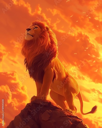 Lion  A majestic lion against a deep sunset orange background  water color, cartoon, animation 3D, vibrant