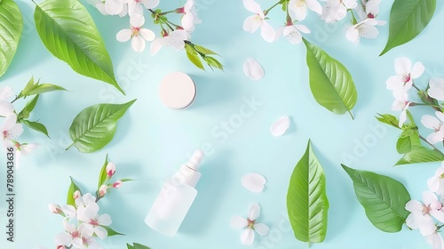Beauty concept with facial cosmetic products green leaves and cherry blossom on pastel blue desktop background Modern skin care layout top view frame flat lay Branding mock up : Generative AI photo