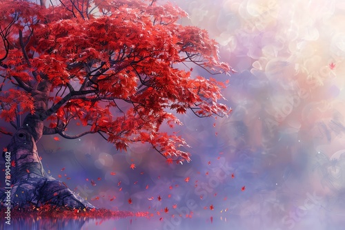 Maple Tree  A red maple tree with a soft, pastel purple background water color, cartoon, animation 3D, vibrant