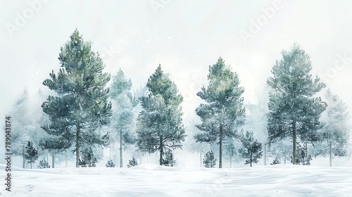 Pine Tree  Tall green pines with a crisp white snowy backdrop  water color, cartoon, animation 3D, vibrant © sitthisak