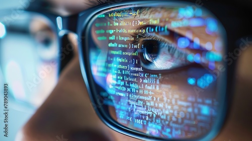 Closeup Portrait of Software Engineer Working on Computer Line of Code Reflecting in Glasses Developer Working on Innovative eCommerce Application using Big Data AI Stylish Macro Shot : Generative AI