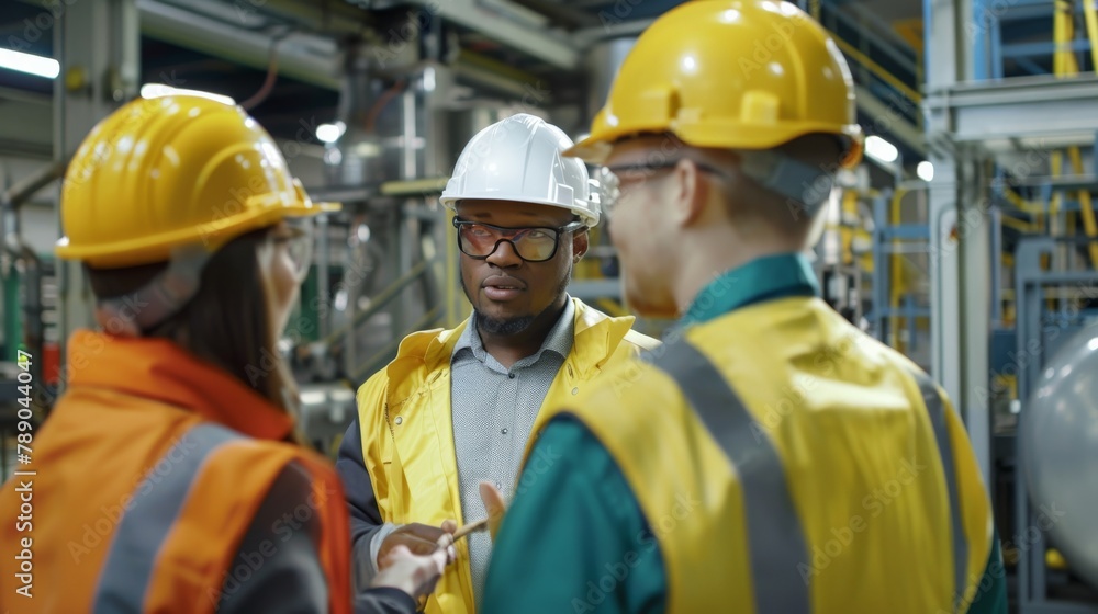 A group of engineers in a factory, wearing hard hats and safety glasses, discussing a maintenance plan for the factory equipment. The engineers are diverse in terms of gender, race, and age. A group of engineers in a factory, wearing hard hats and safety glasses, discussing a maintenance plan for the factory equipment. The engineers are diverse in terms of gender, race, and age.