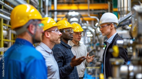 A group of engineers in a factory, wearing hard hats and safety glasses, discussing a maintenance plan for the factory equipment. The engineers are diverse in terms of gender, race, and age.