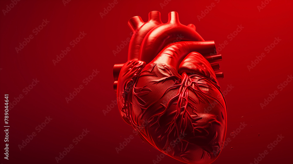 A red heart is shown in a close up by a red background. Concept of love, passion, and emotion. 3D render red Hearth. Cardiac organ problem, Infarct. 3D heart problem. Artistic illustration - obrazy, fototapety, plakaty 