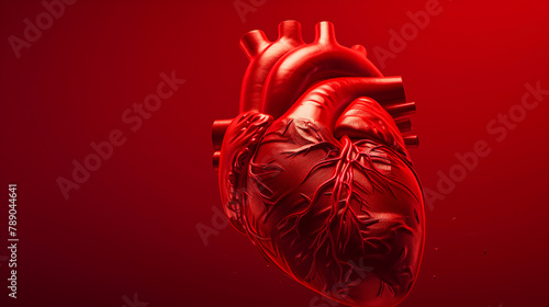 A red heart is shown in a close up by a red background. Concept of love, passion, and emotion. 3D render red Hearth. Cardiac organ problem, Infarct. 3D heart problem. Artistic illustration © Nataliia_Trushchenko