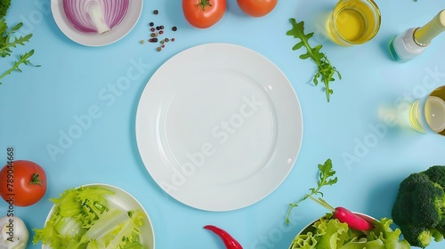 Fresh delicious salad and dressing ingredients around empty white plate on light blue background top view frame Health salad making Flat lay of healthy  lifestyle or detox diet food  c : Generative AI photo