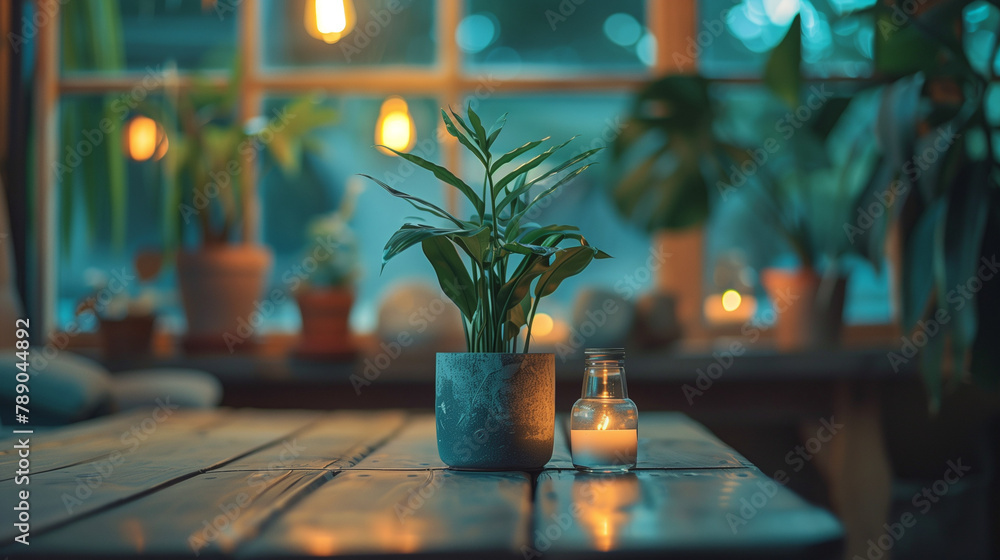 A small plant sits on a table next to a candle A small plant sits on a table next to a candle