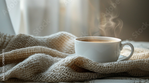 A white coffee cup with steam rising from it sits on a blanket