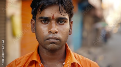 Closeup photo Portrait face of a young Indian man in an orange shirt standing outside on the street and looking seriously into the camera : Generative AI