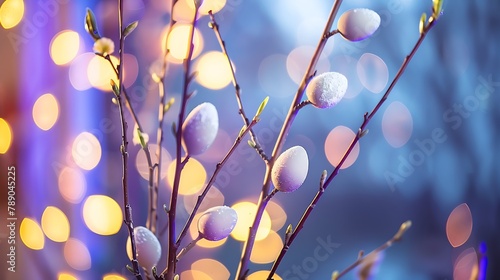 holidays and object concept close up of pussy willow branches decorated by easter eggs over bokeh lights : Generative AI