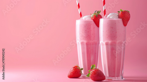 two glasses of strawberry smoothie or milkshake on a pink background