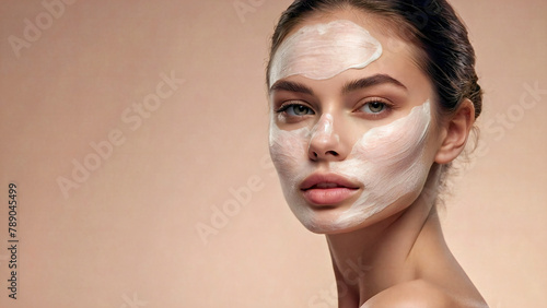 eautiful young woman gets cream in the face. Skin care concept. Stunning caucasian woman with perfect health clean skin. Portrait of an Attractive girl with blue eyes, closeup photo