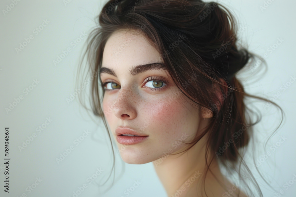 Clean brunette woman face and fresh skin for fashion and beauty care ads Clean brunette woman face and fresh skin for fashion and beauty care ads