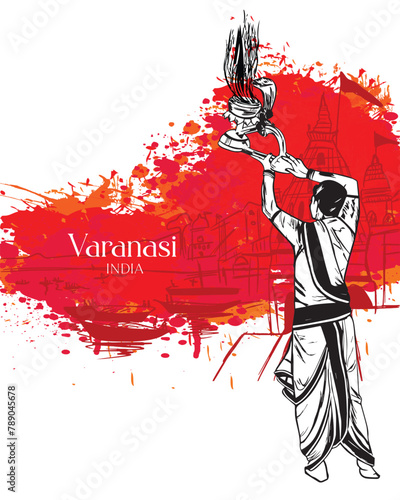 Ghat in Varanasi, Uttar Pradesh, India. Hand drawn architectural cityscape. Vintage template. Vector illustration