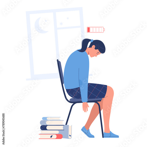 Tired young woman with low battery level, no energy. Fatigued female is in emotional burnout. Frustrated, terrible fatigue, weakness. Working Online, student or telework