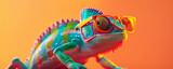 A green chameleon wearing sunglasses and standing on a orange background. The sunglasses give the lizard a fun vibe. 3d rendered image of a chameleon wearing sunglasses. playful installations