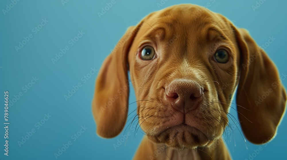 Closeup peeking vizsla puppy dog summer or spring Isolated on blue background : Generative AI Closeup peeking vizsla puppy dog summer or spring Isolated on blue background : Generative AI