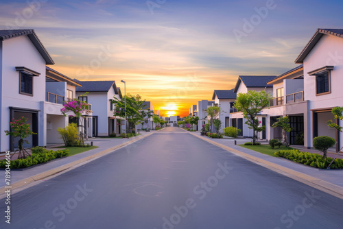 beautiful residential street with modern houses at dusk. street with houses on both sides, each house has lights. there is an empty road between them leading to horizon