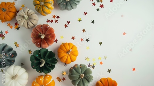 Autumn composition with various colors velvet pumpkins and confetti stars on white background Autumn fall halloween concept Flat lay top view copy space : Generative AI