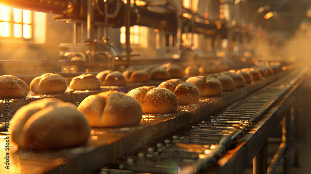Automated production line Bakery: Fresh Bread on Conveyor in Warm Sunlight. Automated production line Bakery: Fresh Bread on Conveyor in Warm Sunlight.