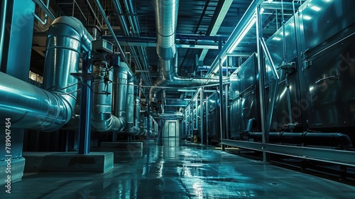 Industrial Cooling System in Boiler Room: Units, Pumps, and Compressors Power Central Air and Water Control in an Industry Setting