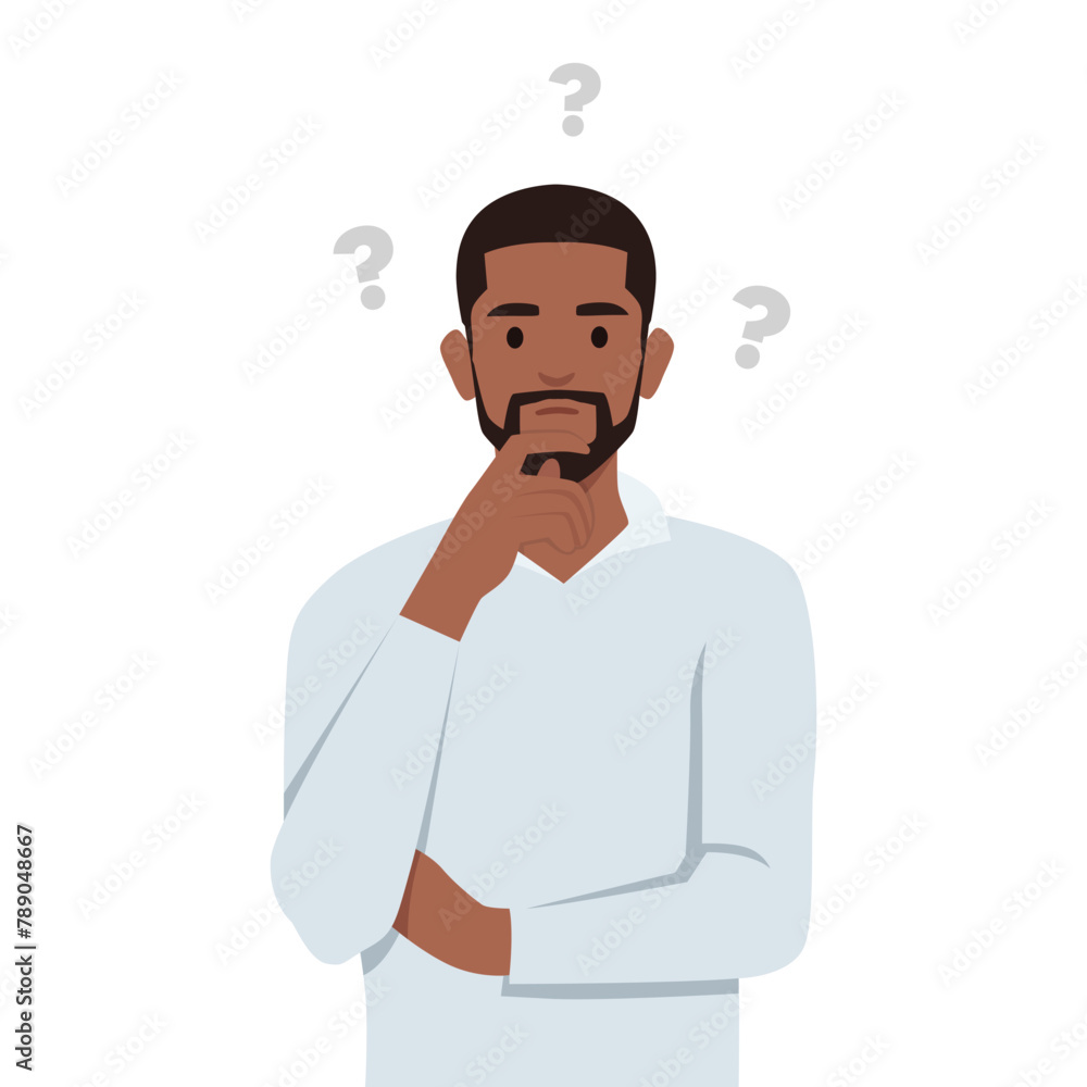 Young man is thinking. Question mark. Flat vector illustration isolated on white background Young man is thinking. Question mark. Flat vector illustration isolated on white background
